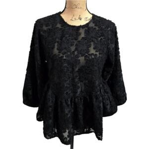 Altar'd State Chic Black Lace Burnout Velvet Slightly Sheer Peplum Blouse Size S